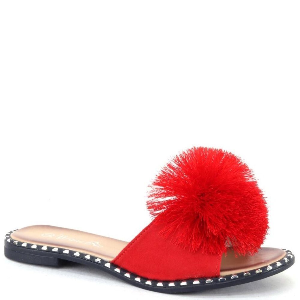 Party People! Summer Rio Red Pom Pom Poof Mule Padded Slide Sandals - Picture 3 of 9